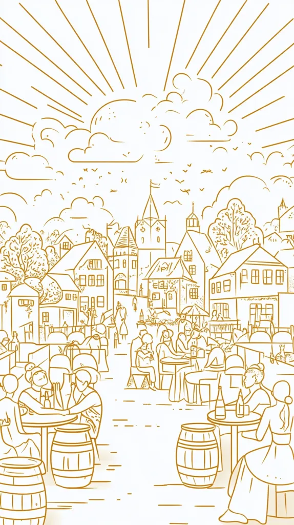 A golden line drawing depicting a quaint village scene with a sun shining in the sky, birds flying overhead, and trees surrounding the medieval buildings.  In the foreground, people sit at tables in an outdoor cafe setting. The linework creates a sense of warmth and nostalgia.