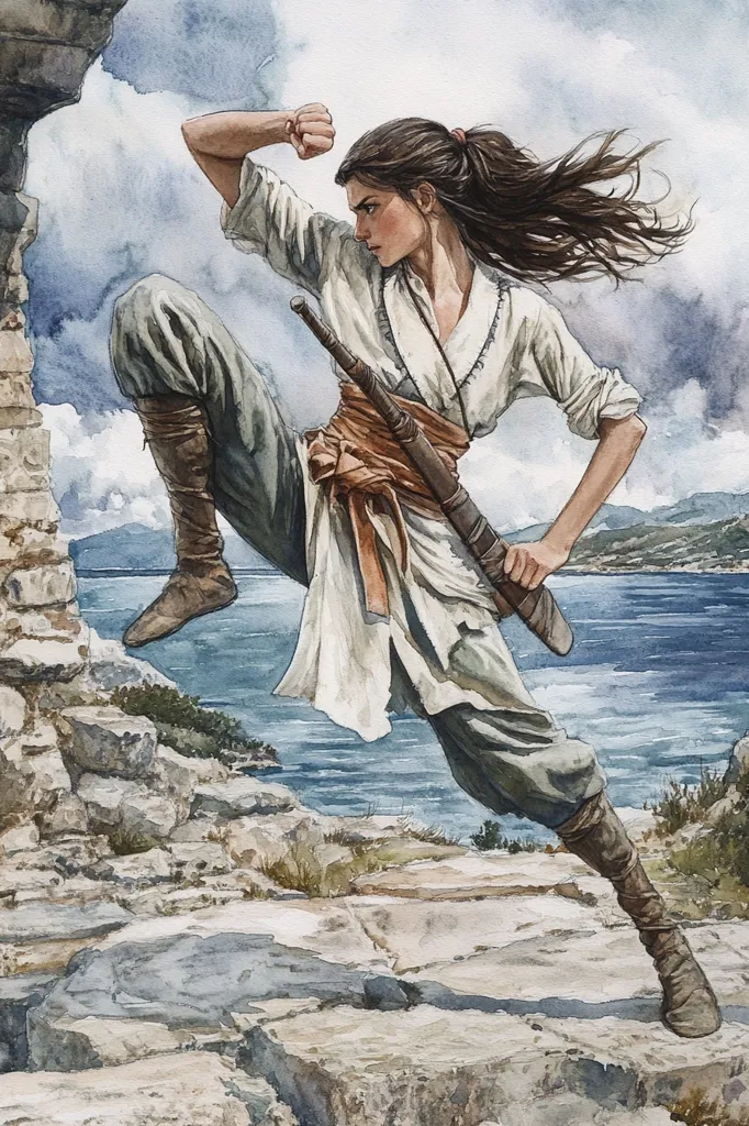 A woman with long brown hair, dressed in a white tunic and gray pants, stands in a fighting stance on a rocky cliff. She holds a sword in her right hand, her left hand is raised in a defensive posture.  Her eyes are focused and determined. The ocean is visible in the background, and the sky is filled with fluffy white clouds.  The image is painted in watercolor, giving it a soft, ethereal feel.  Her outfit is cinched with a leather belt and a flowing orange sash. The woman’s expression is one of intensity and readiness for battle.