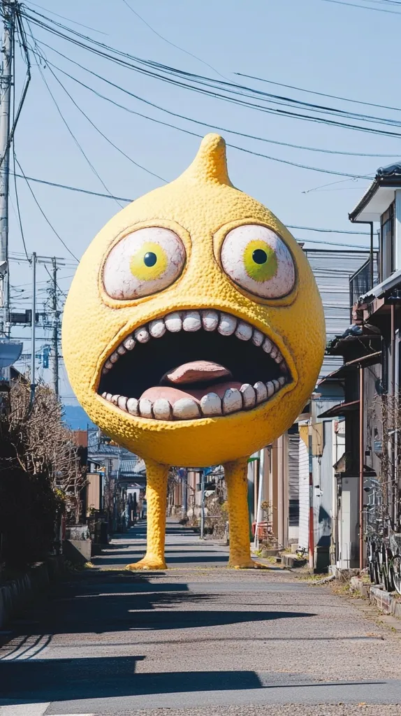 A giant, yellow, cartoonish face with a wide open mouth and large, round eyes stands in the middle of a street between rows of houses. The face has two legs and appears to be made of some sort of molded material. The sky is blue and there are power lines running overhead. The overall feeling of the image is playful and surreal.
