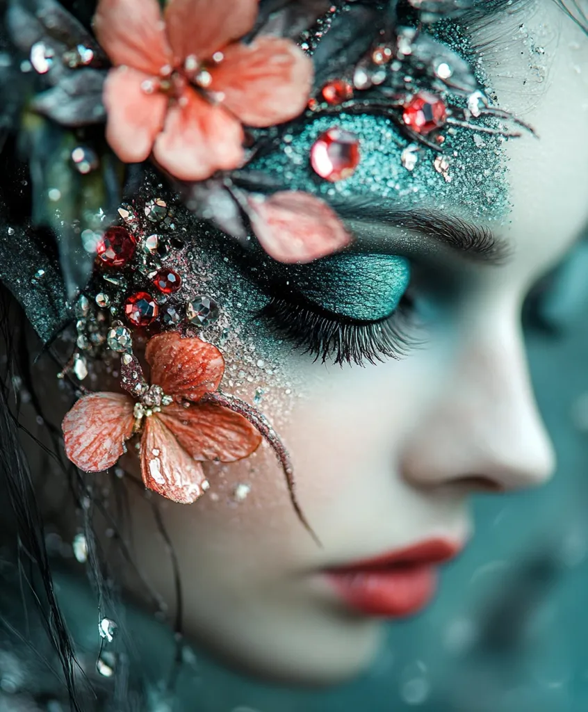 The image shows a close-up of a woman's face with elaborate makeup.  Her skin is adorned with glitter and flowers, her eyes have dramatic blue eyeshadow, and her lips are a vibrant red. The composition is intimate and artistic, highlighting the beauty and detail of the makeup.  The overall effect is ethereal and enchanting.