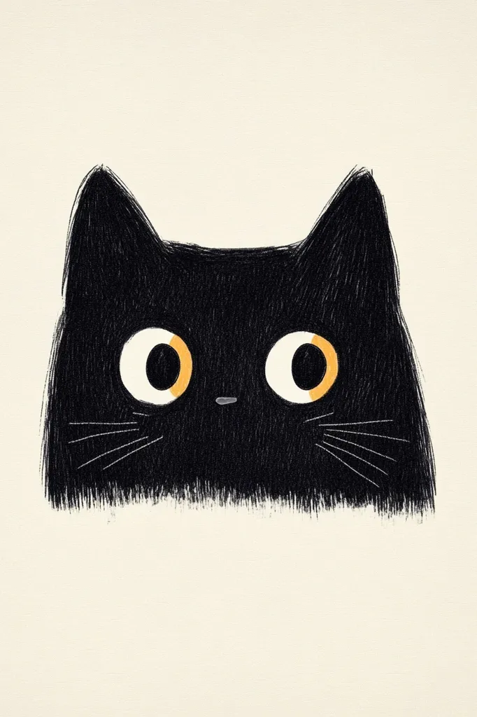 A black cat with large, round eyes and a small, black nose is shown in a close-up shot. The cat's eyes are a bright orange color, and its fur is depicted with a textured, pencil-like style. The background is a light beige, creating a simple and minimalist aesthetic. The cat's expression is curious and playful, as if it is peering out from behind something.