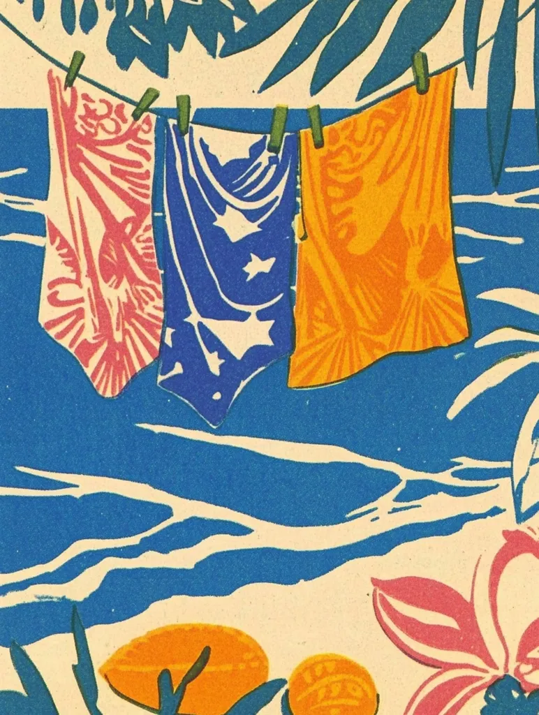 Three colorful towels hang on a line against a blue ocean background with stylized white waves. The towel on the left is pink with white flowers, the middle one is blue with white stars, and the one on the right is orange with white sun-like designs. The scene is framed by green palm leaves and stylized pink flowers at the bottom.