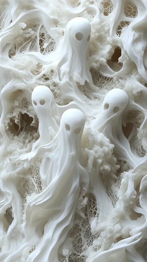 The image depicts a swirling, ethereal scene of white ghosts amidst delicate, lace-like textures. The ghosts, with their flowing forms and vacant eyes, appear to be emerging from the abstract, cloudy background. The overall effect is one of otherworldly beauty and haunting mystery.