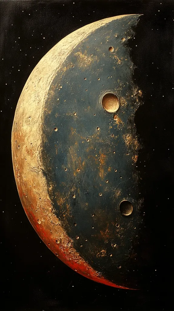 A crescent moon, painted in dark hues with gold accents, dominates the image.  The moon's surface is textured and features several craters. The background is a dark expanse of space with a sprinkling of tiny white stars.  The image evokes a sense of cosmic mystery and vastness.