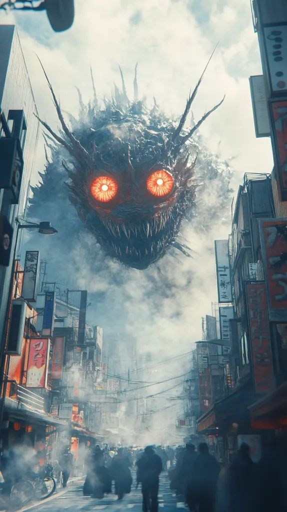 A monstrous creature with glowing red eyes and sharp teeth looms over a crowded city street. The creature is made of dark, spiky material and appears to be made of smoke or energy. The city is obscured by fog and the people are barely visible. The scene is ominous and suggestive of an impending threat.