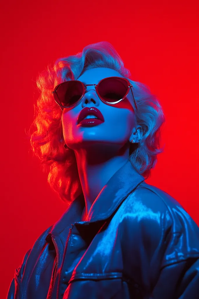 A woman with blonde hair and red lips wears stylish sunglasses. She is illuminated by blue light, contrasting against the red background. She's wearing a blue leather jacket, adding to the vibrant and edgy mood of the image. The lighting creates a striking visual effect, highlighting her features and making her look glamorous.