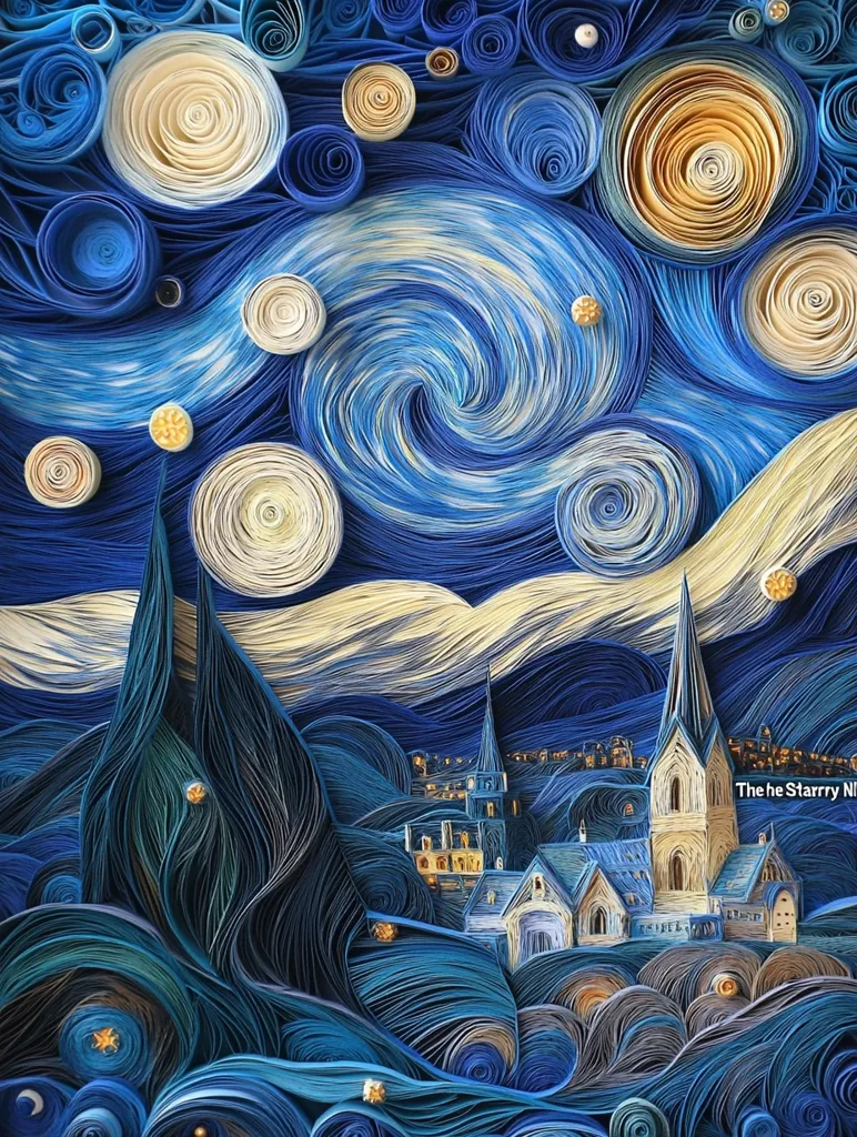 The image is a paper quilling recreation of Vincent van Gogh's famous painting "The Starry Night." The artist has used intricate coils and curls of paper to capture the swirling night sky, the village with its church, and the bright, twinkling stars. The colors are vibrant and the detail is impressive, creating a stunning and unique interpretation of the original artwork.