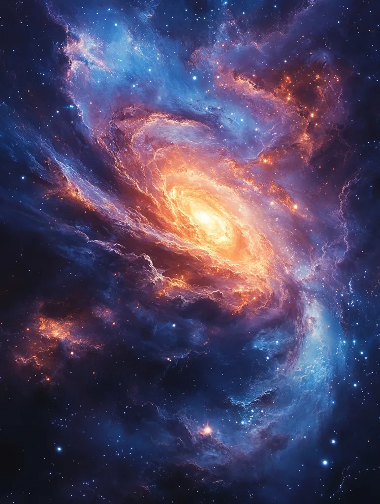 The image depicts a swirling nebula in deep space, characterized by vibrant hues of blue, orange, and yellow. The central region appears brighter, suggesting a concentrated area of star formation. Scattered across the vast expanse are countless stars, twinkling like diamonds against the dark cosmic background. The nebula's intricate patterns and celestial glow evoke a sense of awe and wonder at the universe's grandeur.