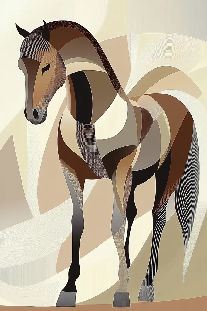 The image is a stylized illustration of a brown horse standing on a light background. The horse is depicted with geometric shapes and lines, giving it a modern and abstract appearance. The background features a swirling pattern of light and dark browns, creating a sense of movement and depth. The horse's head is turned to the side, its eyes closed, suggesting a calm and peaceful demeanor. The overall impression is one of elegance and tranquility.