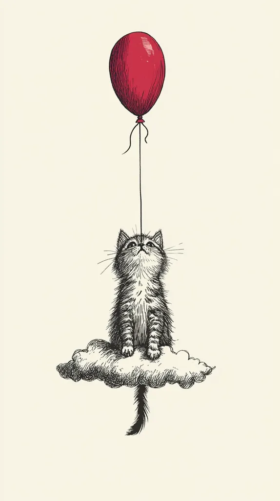 A black and white illustration of a cat sitting on a cloud, looking up at a red balloon floating above. The balloon is tied to a string that is held in the cat's paw. The cat has a happy expression on its face. The background is a simple cream color.  The image is whimsical and suggests a playful and lighthearted mood.