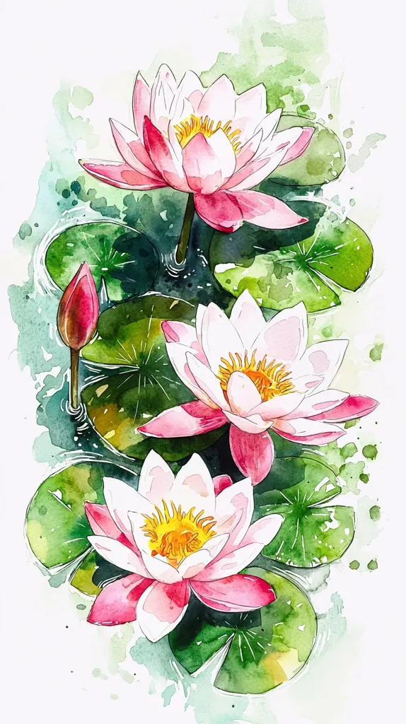 A watercolor painting depicts three pink water lilies with yellow centers blooming on large green lily pads. The painting is on a white background with light green watercolor washes. The water lilies are drawn with delicate detail, and the leaves are lush and full. The painting captures the beauty and tranquility of nature.
