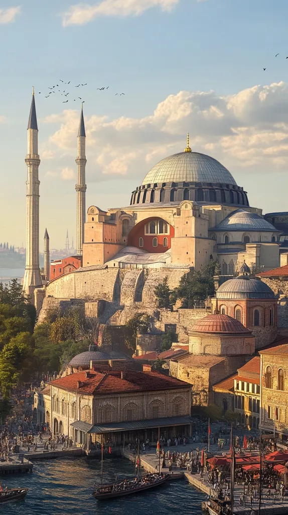 The image shows a beautiful cityscape with the iconic Hagia Sophia mosque in the center. Its grand dome and minarets stand tall against a backdrop of blue sky and fluffy clouds. The surrounding buildings are a mix of traditional Turkish architecture, with intricate details and warm colors. A lively harbor scene unfolds below, filled with boats and bustling crowds. The atmosphere is peaceful and serene, capturing the essence of Istanbul's rich history and culture.