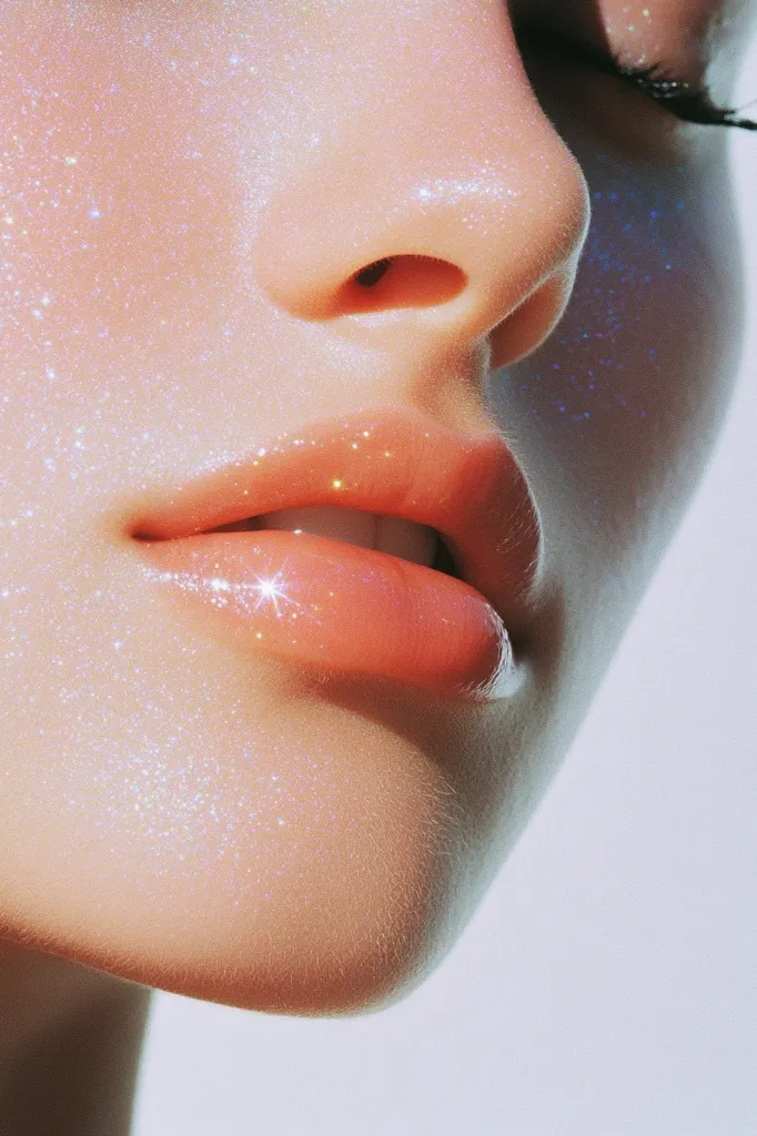A close-up image of a woman's face, focusing on her lips and nose. Her skin is covered in a shimmering, light blue glitter, creating a celestial effect. The lips are painted a vibrant, glossy pink, catching the light and reflecting the sparkle of the glitter.  The image evokes a sense of glamour and femininity, with the soft focus and dreamy lighting enhancing the ethereal quality of the image.