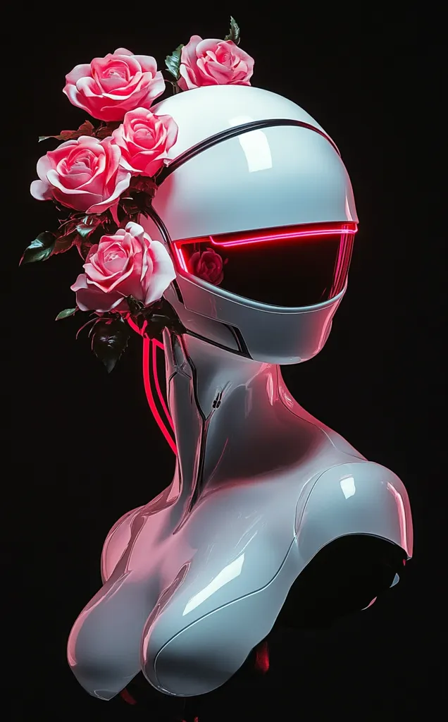 The image shows a white, robotic figure with a helmet adorned with pink roses. The helmet has a bright red visor that casts a glow on the figure's body. The figure's smooth, white skin is contrasted against a black background. The image has a futuristic and surreal aesthetic.
