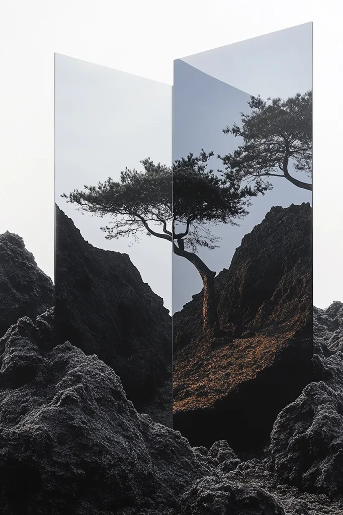 The image shows a silhouetted tree growing out of a rocky cliff face. The tree is framed by two rectangular, transparent panels, creating a sense of depth and separation. The background is a hazy, light blue sky, and the rocks are a dark grey. The image has a sense of isolation and solitude.
