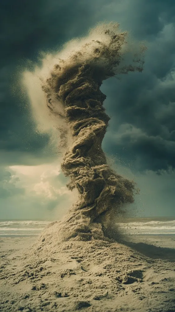 A swirling vortex of sand, resembling a monstrous hand reaching towards the stormy sky, stands tall on a sandy beach. The  dark, ominous clouds above add to the dramatic and almost otherworldly scene. The image evokes a sense of powerful nature and the unpredictable forces at play.