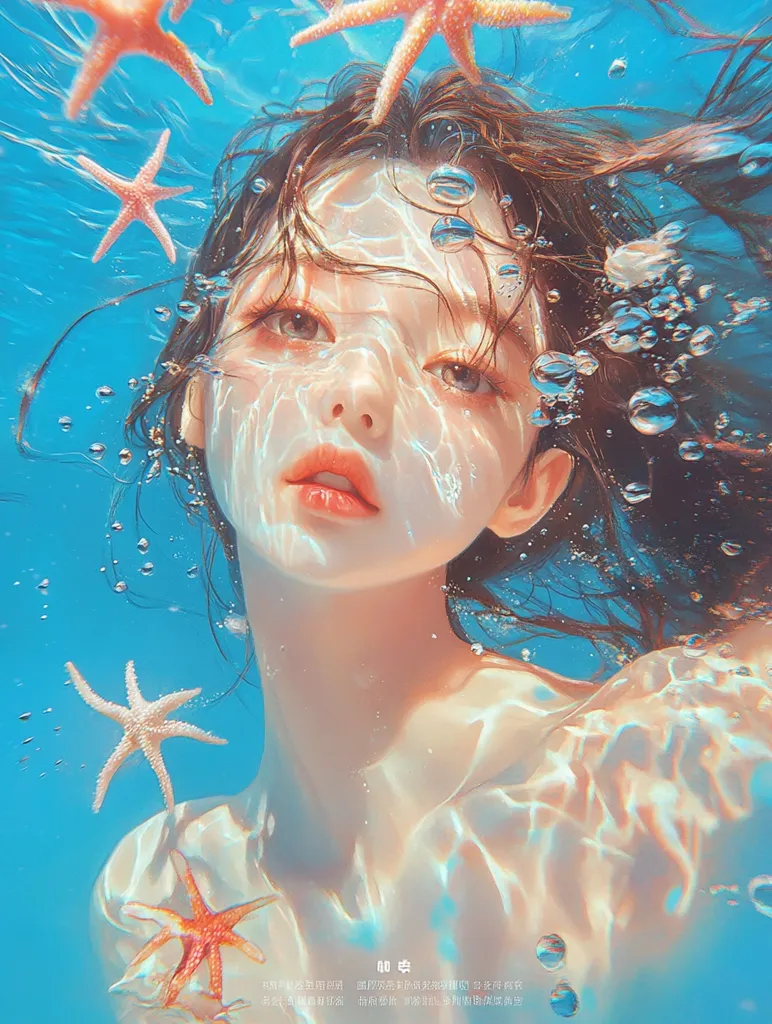 The image is a digital painting of a young woman with long, dark hair underwater. She is surrounded by bubbles and starfish. The water is clear and blue, and the sunlight shines through it, creating a magical and ethereal atmosphere. The woman's expression is serene and peaceful, as if she is completely at home in the water. The overall impression is one of beauty, tranquility, and wonder.