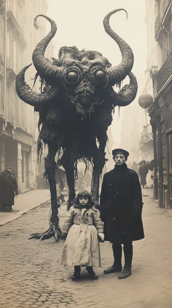 A monstrous creature with large horns and bulging eyes stands on a cobbled street in front of a young boy and girl. The creature appears to be made of dark, textured material and stands tall above the children. The buildings on either side of the street are partially obscured by fog. The photo has a vintage, sepia tone.