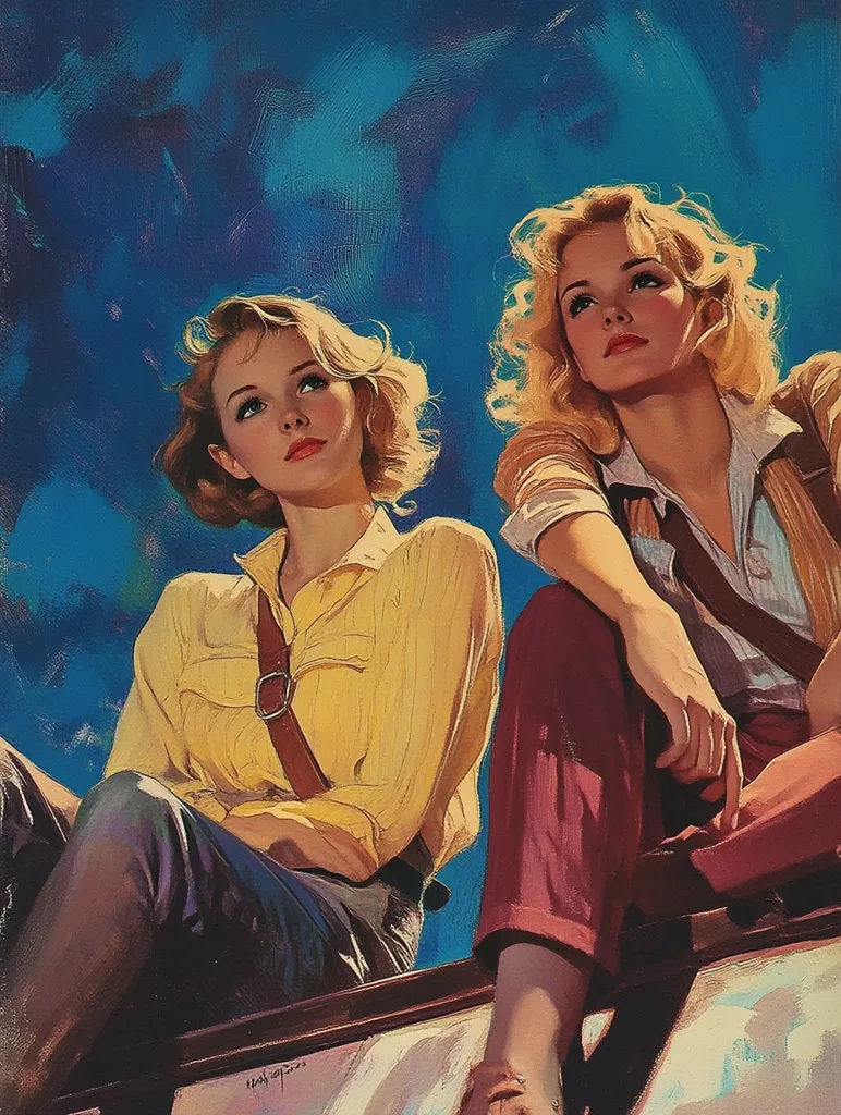 Two women, one with blonde hair and the other with dark hair, are sitting on a ledge looking up towards the sky. The blonde woman is wearing a yellow shirt and brown pants while the brunette woman is wearing a white shirt with a brown sweater over it and a red skirt. The sky behind them is a bright blue. The image is painted in a vintage style.