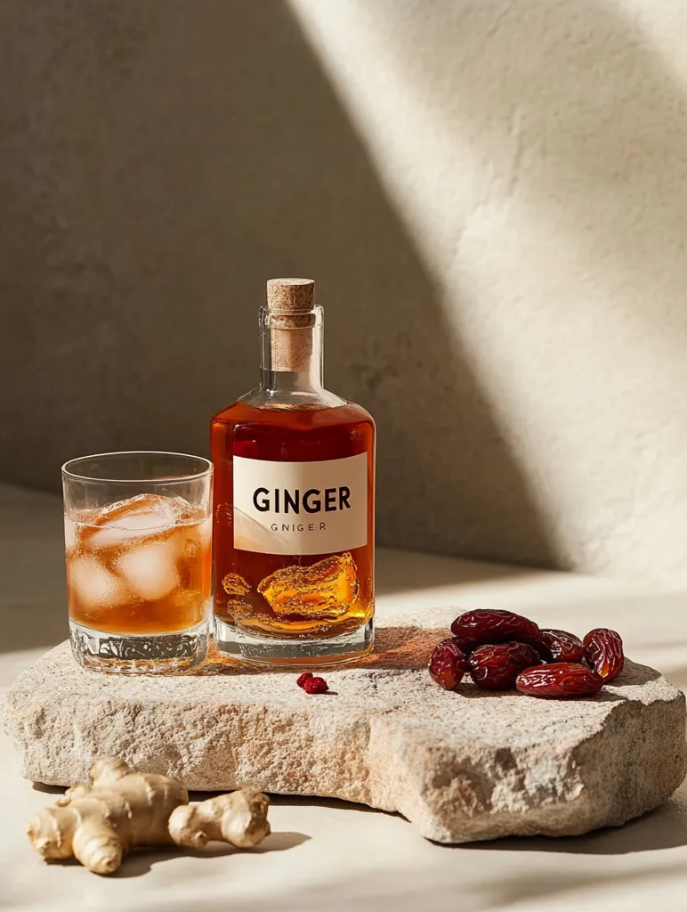 A glass bottle of ginger liqueur sits on a rough stone slab, alongside a glass of ginger ale, a few pieces of ginger root, and some dried dates. The sunlight shines through the window, casting a warm glow on the scene. The bottle is labeled with the word "GINGER" and a simple font. The scene is a still life, with a minimalist aesthetic.