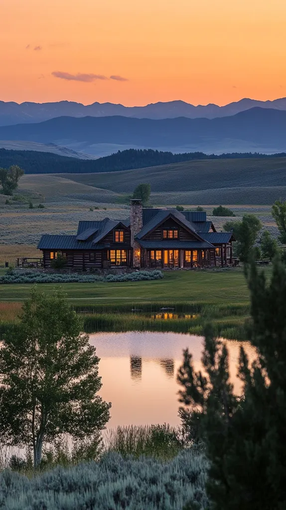 A large, rustic log cabin sits on a grassy knoll overlooking a tranquil lake. The cabin, with its warm lighting, is nestled amidst rolling hills, and the silhouette of distant mountains stretches across the horizon. The sky is ablaze with the vibrant hues of a breathtaking sunset. The tranquil scene is captured in a moment of peaceful serenity.