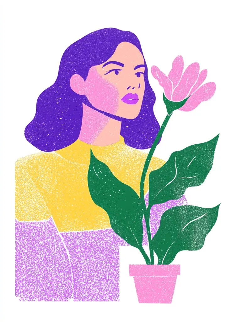 The image is a stylized illustration of a woman with purple hair and a pink flower. She is wearing a yellow and purple shirt. The image is done in a minimalist style with a grainy texture. The woman appears to be looking at the flower, which is in a pink pot. The image is a celebration of nature and beauty.