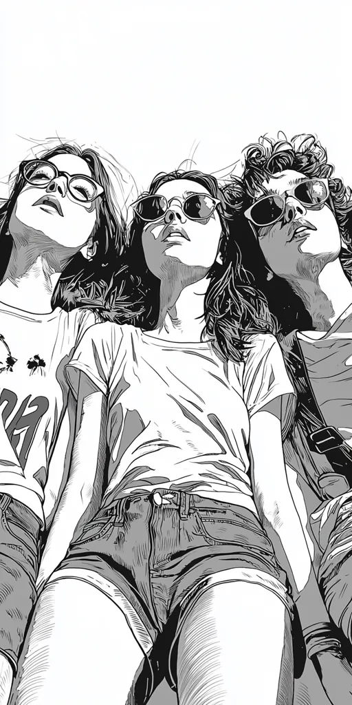 Three friends are lying on their backs, looking up at the sky. The two women in the foreground are wearing sunglasses and have their hair flowing behind them. The man in the background is wearing a shirt and pants. The image is drawn in black and white.