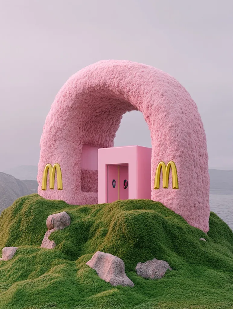 A surreal, pink, fluffy archway sits on a green, grassy hill with two golden "M" symbols on either side. A pink building with a double door sits in the middle of the archway, creating a doorway. The scene is against a soft, pink and grey sky with mountains in the background.