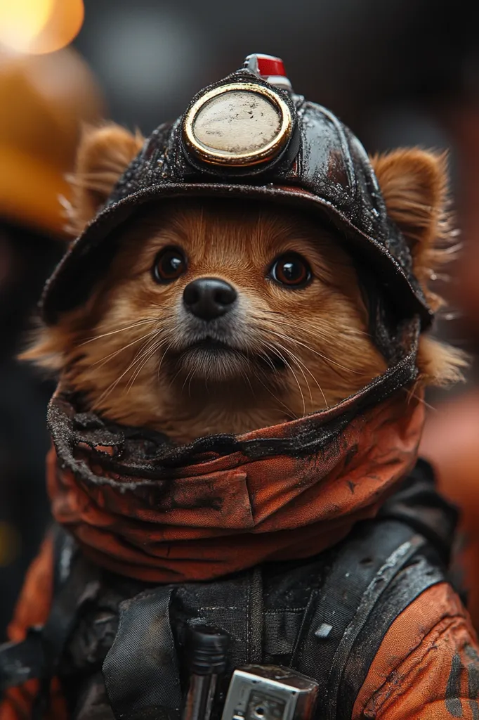 A small, fluffy dog with large, expressive eyes is dressed in a dark brown and orange work outfit. It has a  helmet with a round, clear, goggles on top, and a thick orange scarf. The dog's coat is a light brown, and it is looking directly at the camera. The background is blurred, and the image is taken from a low angle, making the dog appear large and imposing.