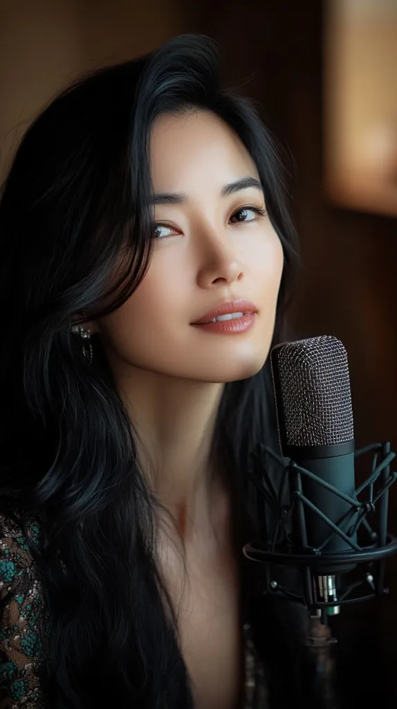 A young woman with long, dark hair and delicate features is singing into a microphone. She wears a low-cut, lace top and looks up at the camera with a hint of a smile. The lighting is soft and warm, creating a romantic atmosphere.  She is in the middle of a recording session, her expression is focused and determined.