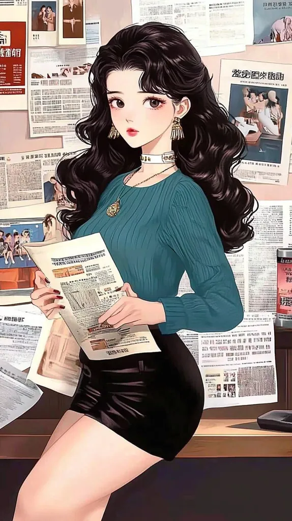 The image depicts a young woman with long black hair, wearing a teal sweater and a black skirt, sitting at a desk. She is holding a newspaper and looking down at it. The background is cluttered with newspapers and magazines, creating a sense of busy city life. The image has a stylish and modern aesthetic.