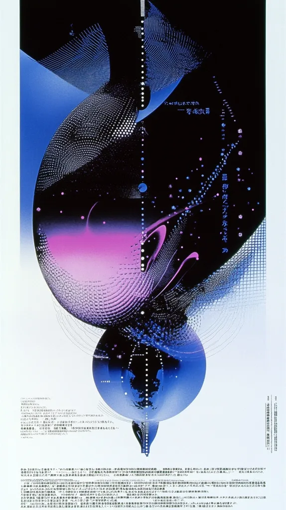 The image is a poster with a blue and purple abstract design. It appears to be a digital art piece with swirling shapes and lines. The background is black and white with a white border. The image is dominated by a large, blue, circular shape with a smaller, purple shape inside. The smaller shape is surrounded by a ring of white dots and a swirling, blue line. The text on the poster is in Japanese.