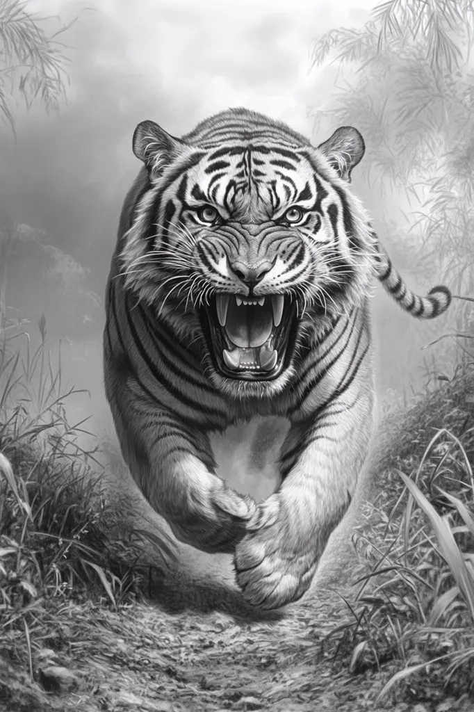 A black and white image of a tiger snarling with its mouth open, revealing sharp teeth. The tiger has a powerful physique and is running forward with its paws raised. The background is blurred, suggesting movement, and features some grass and trees. The image is a dramatic and powerful depiction of a wild animal.