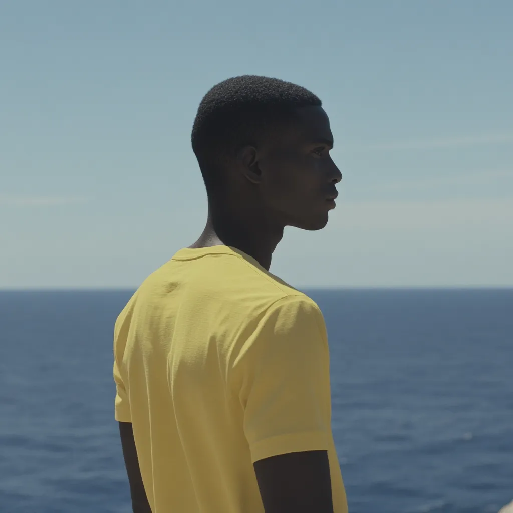 A young man in a bright yellow t-shirt stands looking out at the ocean. The water is a deep blue, and the sky is a clear light blue. The man's face is partially obscured by the angle of the shot, but his profile is visible. He seems to be gazing out at the horizon, lost in thought. The image has a simple, minimalist aesthetic, emphasizing the man and the vastness of the sea.