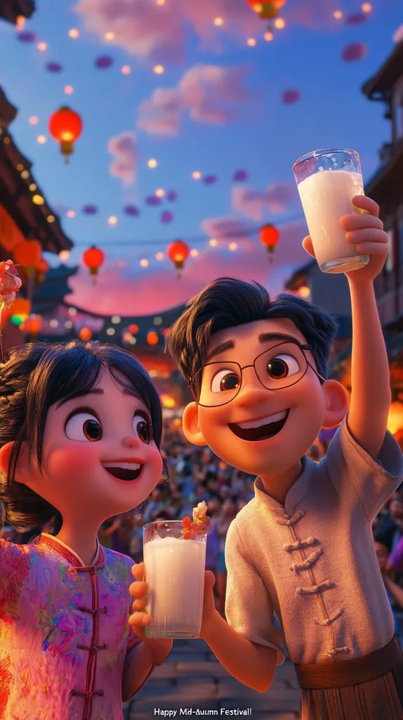 A young girl in a pink dress smiles at the camera while holding a glass of milk. A young boy with glasses and a tan shirt smiles at the camera while holding a glass of milk. The background shows a blurry cityscape with red lanterns and string lights.  They are celebrating the Mid-Autumn Festival.