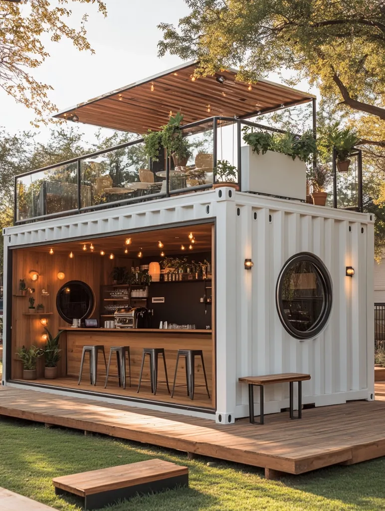 A modern bar constructed from a shipping container features a wooden deck, a large circular window, and a glass-railed rooftop patio. The container is painted white and accented with warm lighting.  A wooden bench and bar stools provide seating, and lush greenery surrounds the space.  The bar is open to the elements, creating a relaxed and inviting atmosphere.
