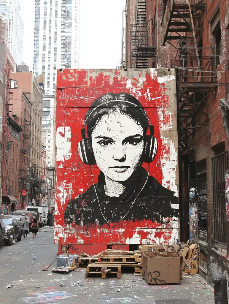 A large mural of a woman wearing headphones covers a red brick wall in a narrow city alleyway. The woman's face is painted in black and white, while the background is a vibrant red, creating a striking contrast. The alley is lined with old brick buildings, and the ground is littered with debris. The mural is a powerful image of urban life and the beauty that can be found in unexpected places.