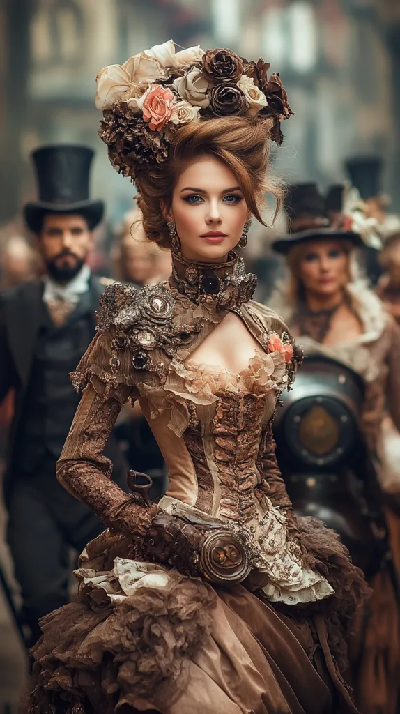 A woman in a lavish steampunk-inspired outfit stands in a crowd, her elaborate floral headdress framing her face. She wears a corset, a layered skirt, and a decorative belt with a large gear. Her expression is confident and alluring, her gaze captivating. The intricate details of her attire and the setting create a sense of whimsical grandeur.