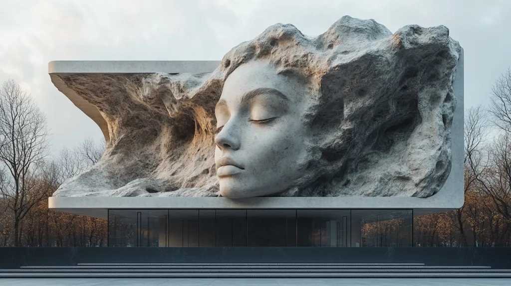 The image depicts a modern building with a unique architectural feature: a large, sculpted face of a woman embedded into the facade. The face is partially covered by a rocky formation, suggesting a sense of mystery or hidden beauty. The building is situated in a park-like setting, with trees visible in the background. The overall tone is one of serenity and contemplation.