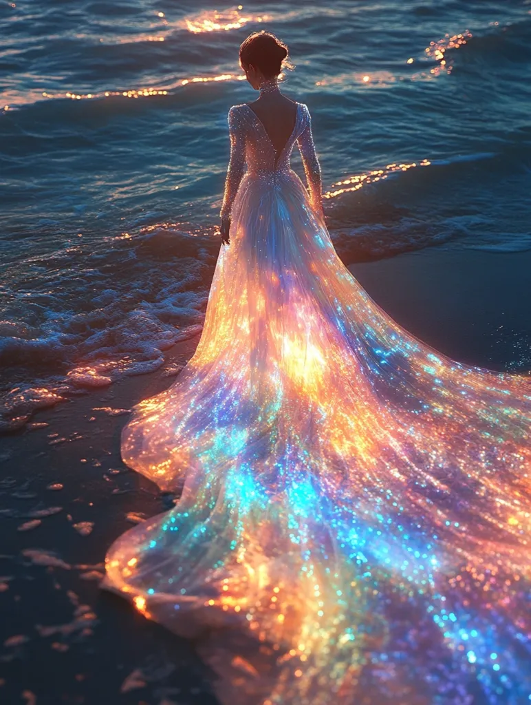 A woman in a white gown stands on a beach at sunset. The gown is covered in iridescent lights, creating a magical effect that seems to glow. The fabric is flowing and ethereal, reflecting the warm colors of the sky. The water is calm and tranquil, mirroring the serene beauty of the scene.  The image evokes a sense of wonder and enchantment, like a fairytale come to life.