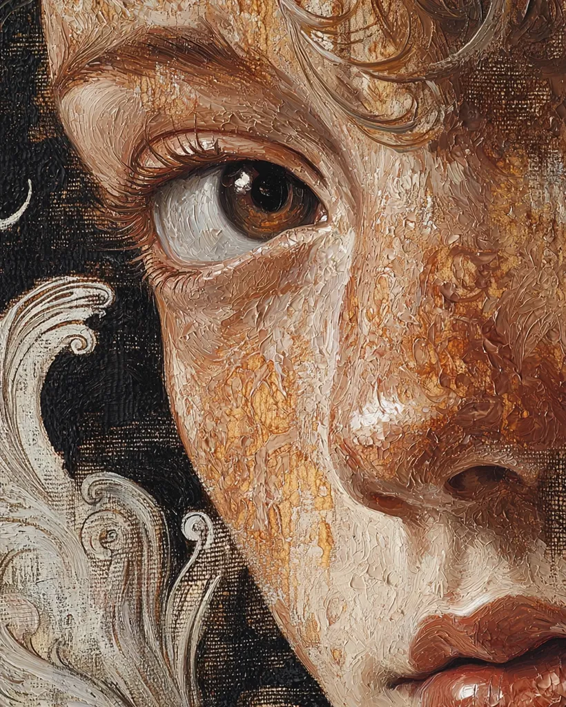 A close-up oil painting of a woman's face, focusing on her right eye.  The thick brushstrokes create a textured effect, giving the skin a rough and imperfect appearance.  The woman's brown eye is filled with depth, while her lips are slightly parted and ready to speak.  A white floral pattern in the background adds a touch of elegance and mystery to the scene.  The image evokes a sense of both beauty and vulnerability.