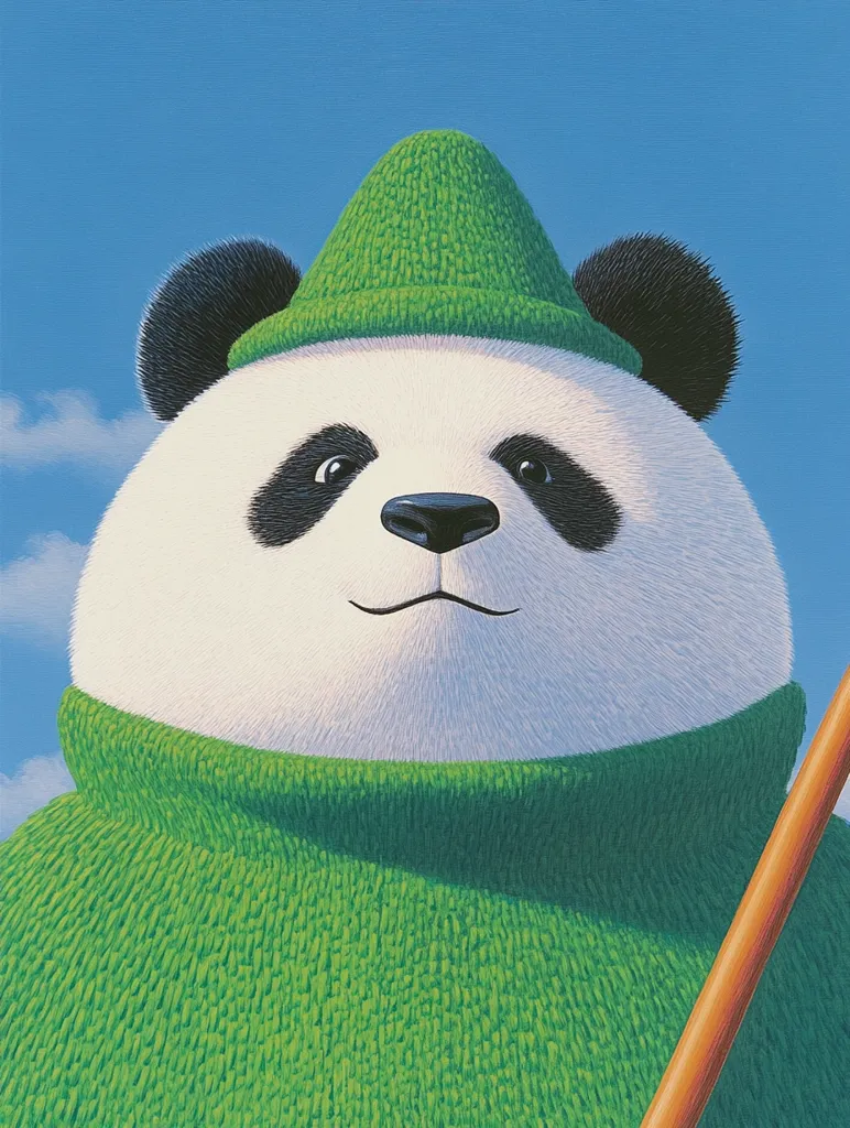 The image depicts a panda wearing a green knitted hat and a matching sweater. Its black ears and eyes are prominent against the white fur. The panda's mouth is slightly open, suggesting a friendly expression. The background is a simple blue sky with a hint of white clouds. A stick of orange wood peeks in from the right edge of the image, adding a touch of mystery.  The overall impression is one of playful whimsy.