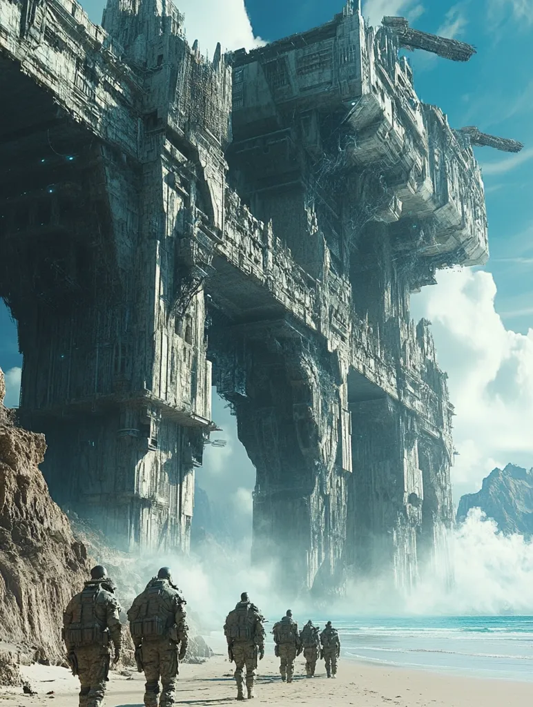 A group of six soldiers in military gear walk along a sandy beach. Behind them stands a massive, weathered, and futuristic structure that resembles a broken archway leading to an unknown destination. The sky is a hazy blue with clouds. The scene has a post-apocalyptic feel, suggesting a world where nature and technology have collided.