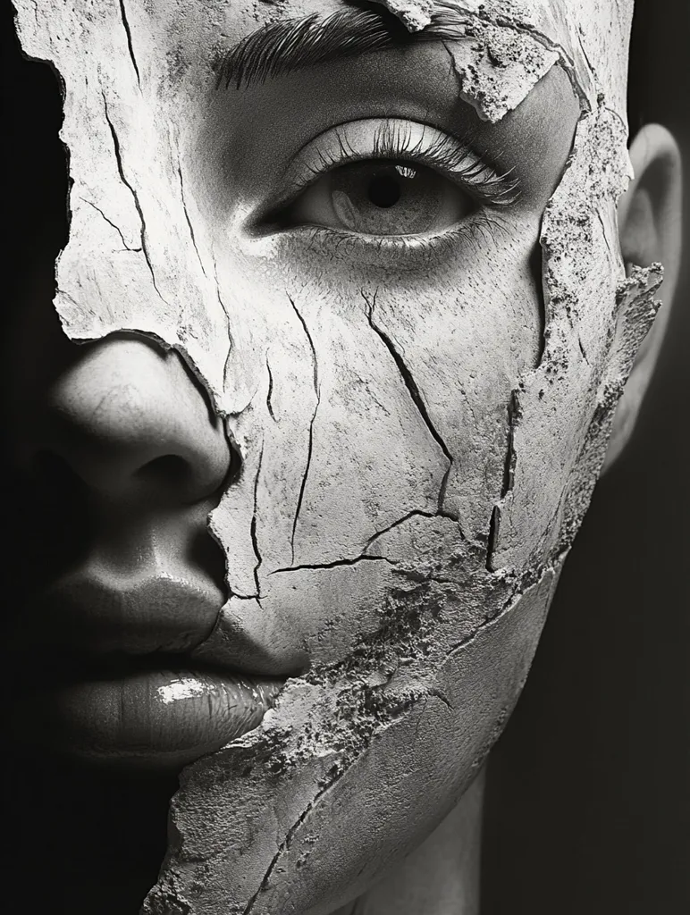 The image is a black and white close-up of a woman's face.  The woman's face is cracked and broken, like a mask made of stone. Her eye is large and prominent, while the rest of her features are obscured by the cracks. The image evokes a sense of fragility and vulnerability.  The image is likely a metaphor for the human experience, which is often fraught with challenges and setbacks.