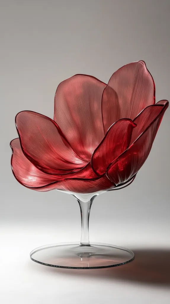 A glass chair shaped like a red flower with delicate, translucent petals. The chair sits on a clear glass base and casts a soft shadow on the white background. It's a unique and elegant piece of furniture that adds a touch of whimsy to any room.