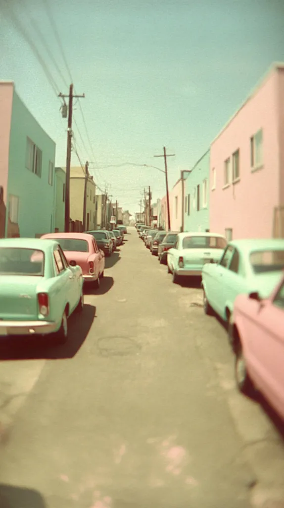 The image shows a street lined with pastel-colored houses, and several vintage cars parked along the street. The sky is a bright blue, and the image has a dreamy, vintage aesthetic. The cars are mostly faded pink or blue, and the houses are a pale yellow and light green. The image gives the impression of a quiet, peaceful neighborhood.