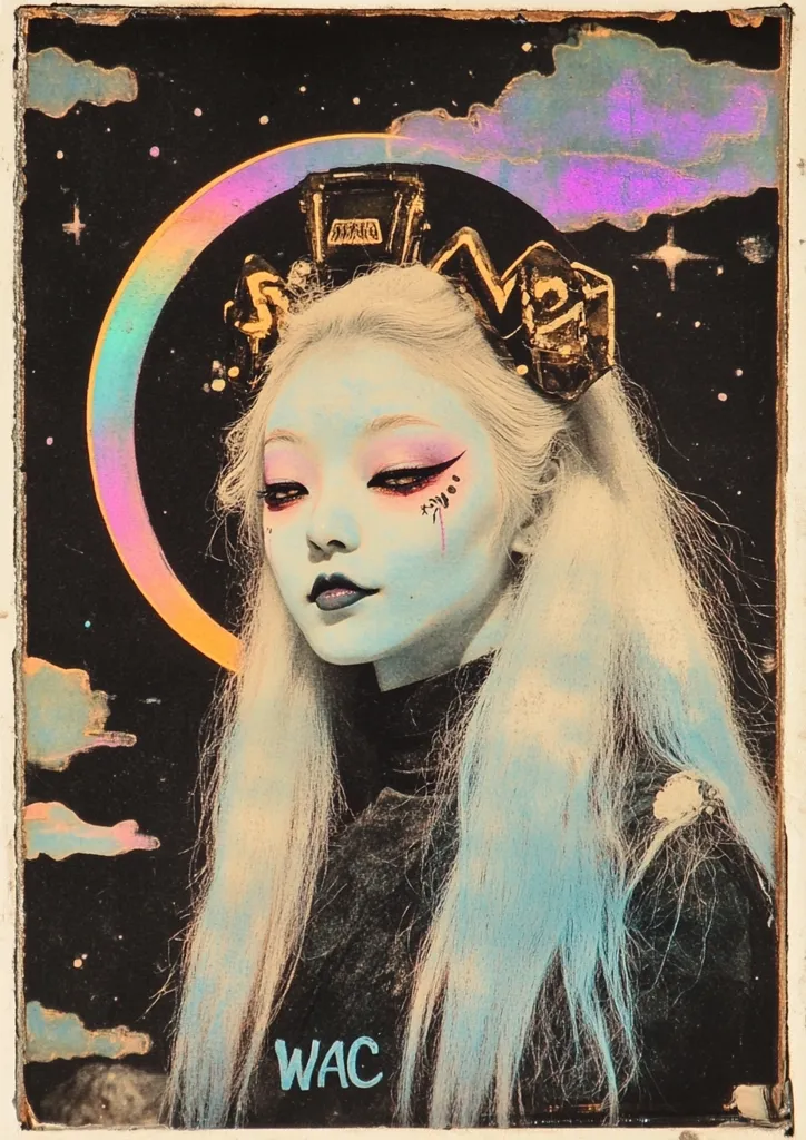 A woman with long, white hair and blue-tinted skin stares directly at the viewer. She is adorned with gold-painted headwear with intricate designs and has a delicate makeup style with heavy eyeliner and pink blush. The background is a dark, starry sky with a rainbow-colored halo behind her head. The image has a vintage, psychedelic feel. The text "WAC" is located in the bottom left corner.  The image is a colorful and intriguing depiction of a woman with an ethereal appearance.