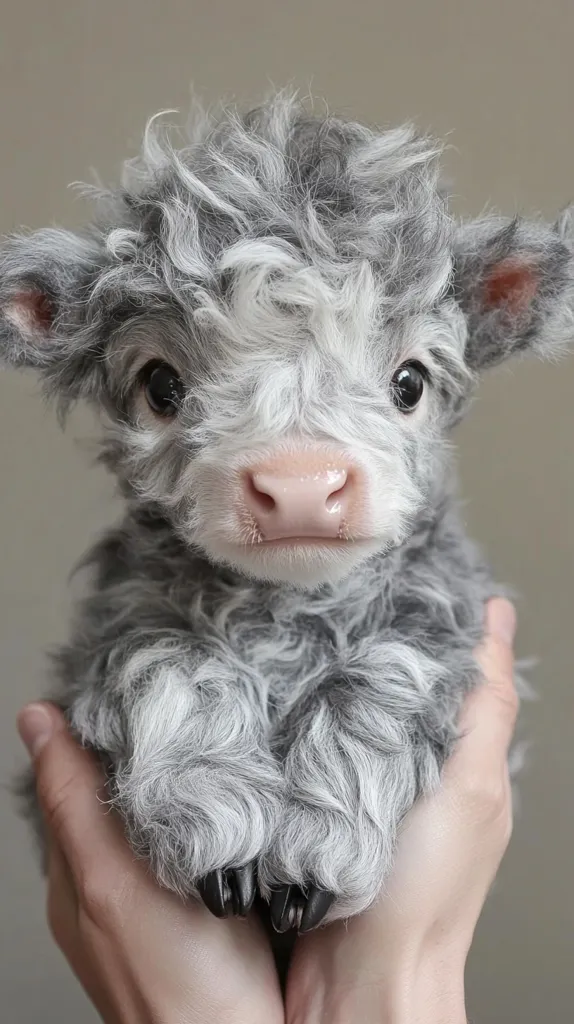 A fluffy grey and white calf, possibly a Highland cow, is being held in two hands. The calf has big, dark eyes and a pink nose, and its fur is incredibly soft and curly. The calf looks up at the camera with a sweet and innocent expression.  The photo captures the adorable cuteness of this tiny creature.