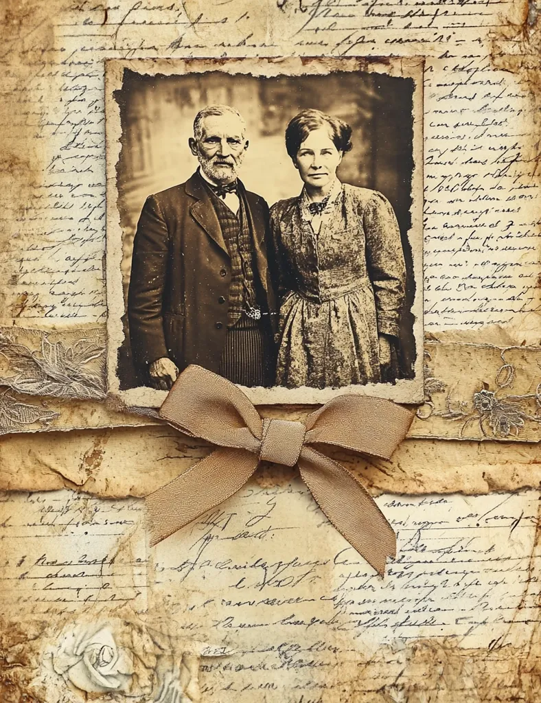 A sepia-toned photograph of an older couple is displayed on a vintage background. The man wears a suit and tie, while the woman is dressed in a long dress with a lace collar. They stand side by side, with a serious expression on their faces. A brown bow is tied over the photo. The background is covered in aged paper with handwritten notes and decorative elements, creating a sense of nostalgia and history.
