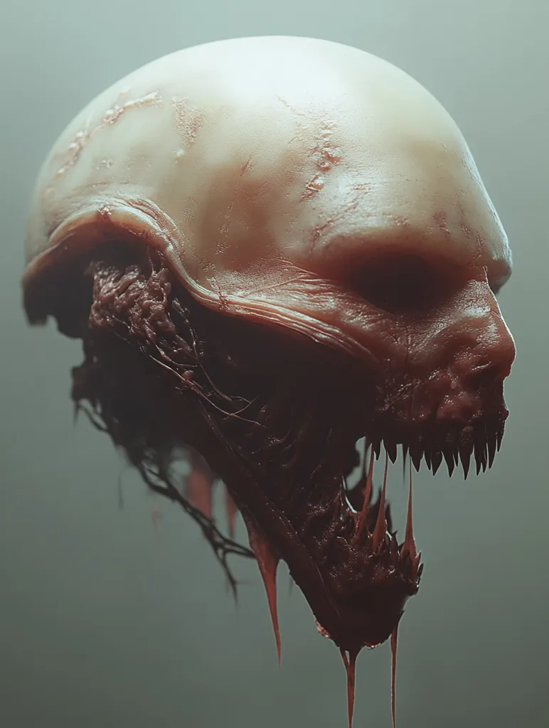 The image depicts a grotesque, alien-like creature with a gaping maw. Its skin is a sickly, fleshy red, and it appears to be melting or dripping. The creature's mouth is wide open, revealing sharp teeth and a disturbingly empty interior. The overall effect is one of horror and disgust.